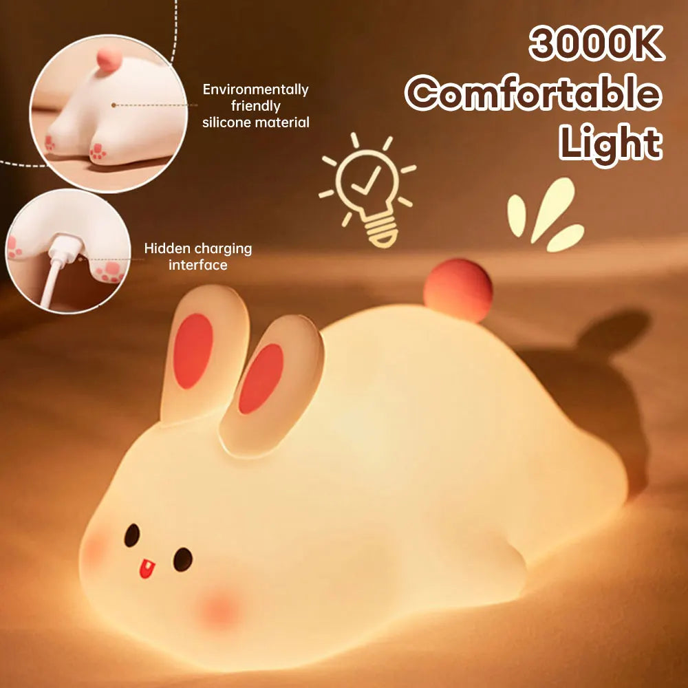 Lámpara Táctil de Conejo de Silicona – Luz Nocturna con Sensor y Cara Grande, USB Recargable, Regalo Perfecto para Niños