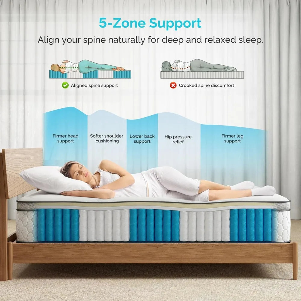 Colchón completo híbrido de espuma viscoelástica de 12 pulgadas, aislamiento de movimiento innerspring de bolsillo de 5 zonas, bobinas más pesadas para un soporte duradero