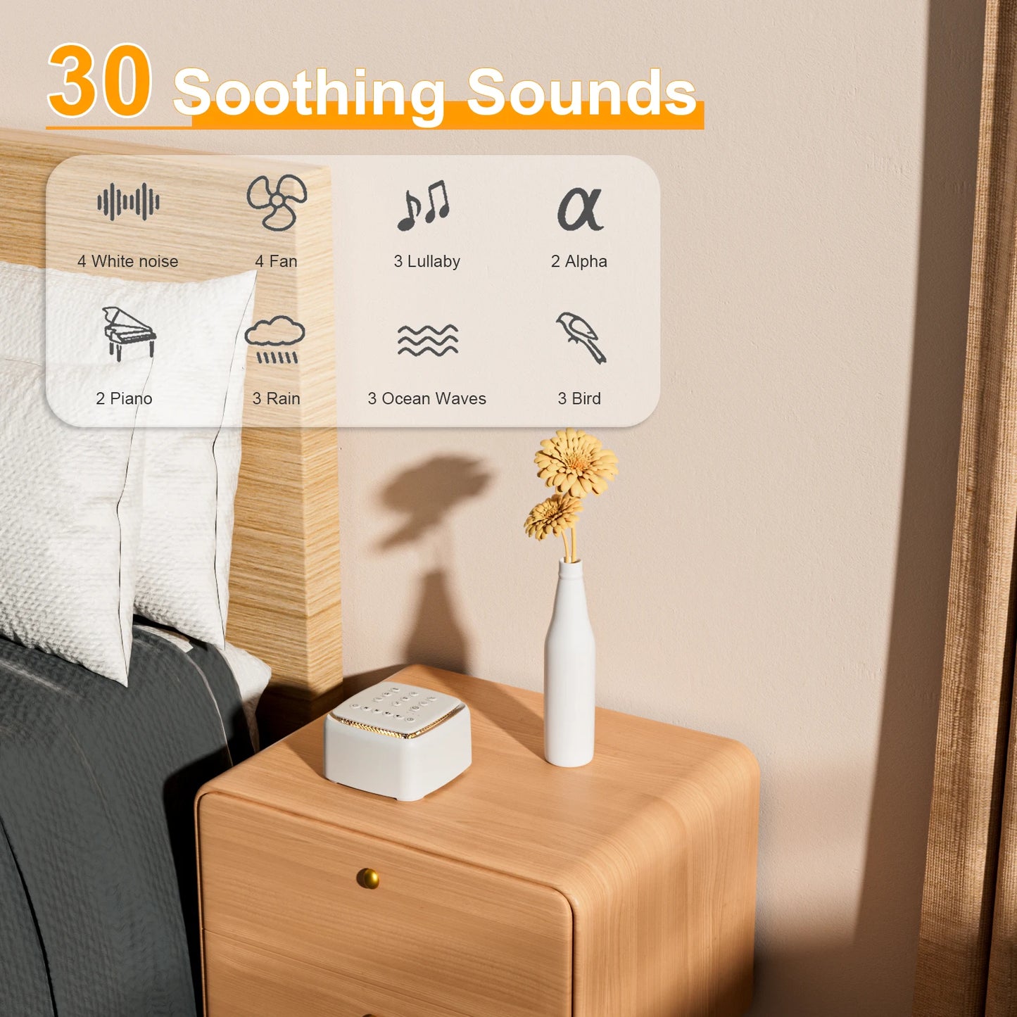 Máquina de Ruido Blanco con 30 Sonidos Relajantes – Luz Cálida para Dormir y Batería de Larga Duración, Ideal para Bebés y Adultos