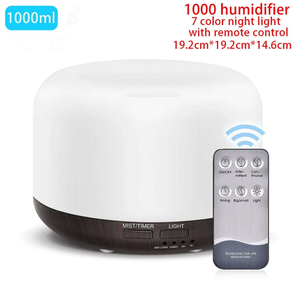Difusor de Aceites Esenciales Ultrasónico – Humidificador de Aire con Control Remoto Automático, Disponible en 300ml, 500ml y 1000ml
