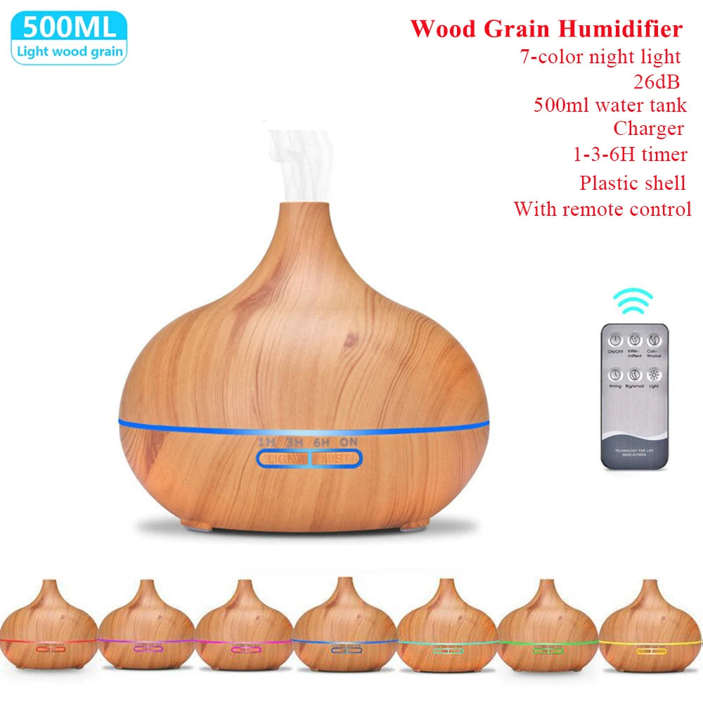 Difusor de Aceites Esenciales Ultrasónico – Humidificador de Aire con Control Remoto Automático, Disponible en 300ml, 500ml y 1000ml