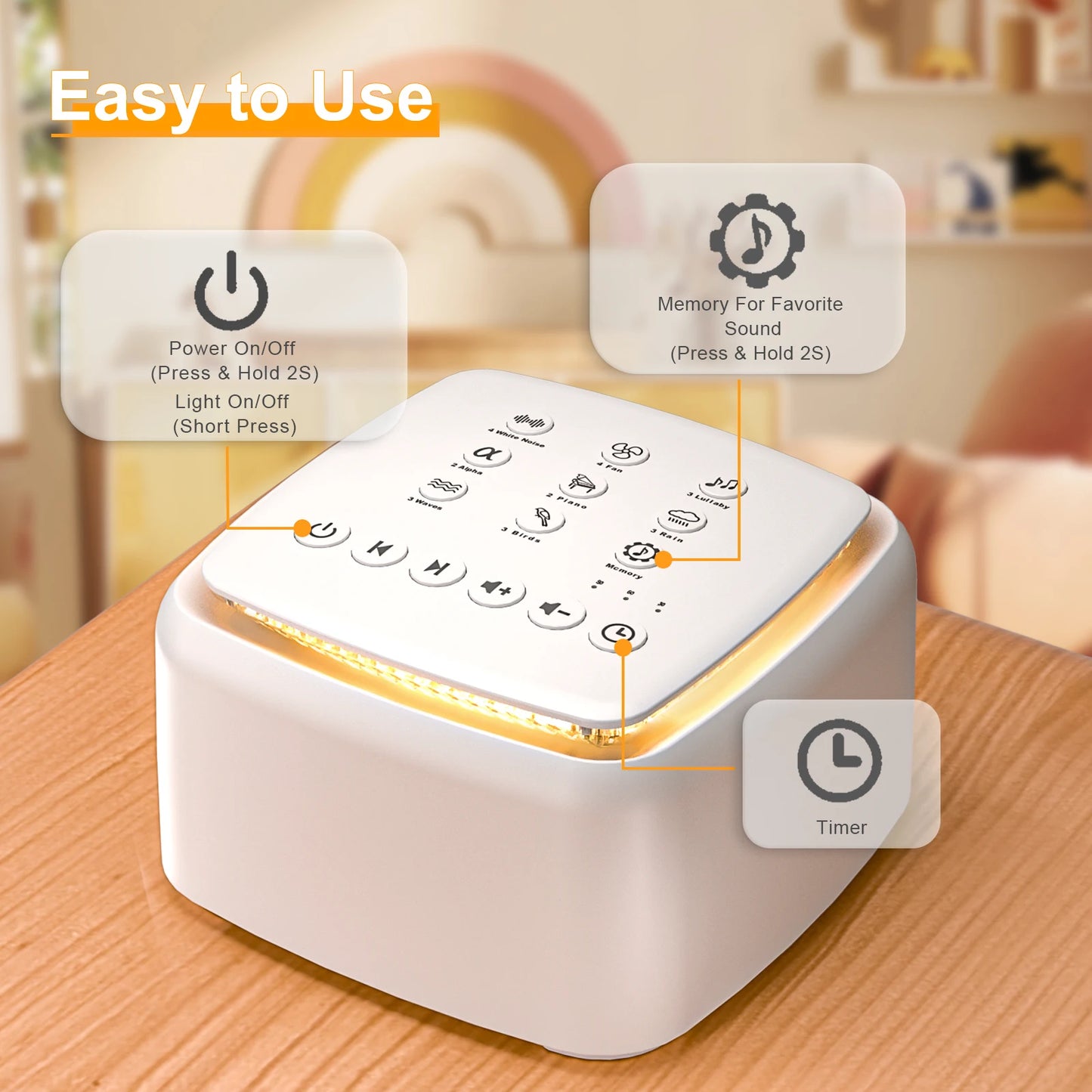 Máquina de Ruido Blanco con 30 Sonidos Relajantes – Luz Cálida para Dormir y Batería de Larga Duración, Ideal para Bebés y Adultos